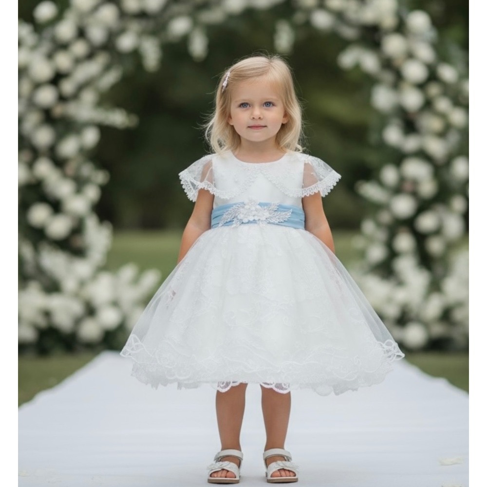 White Lace Flower Girl Dress 5T Blue Sash Pearls Baptism Wedding Gown
